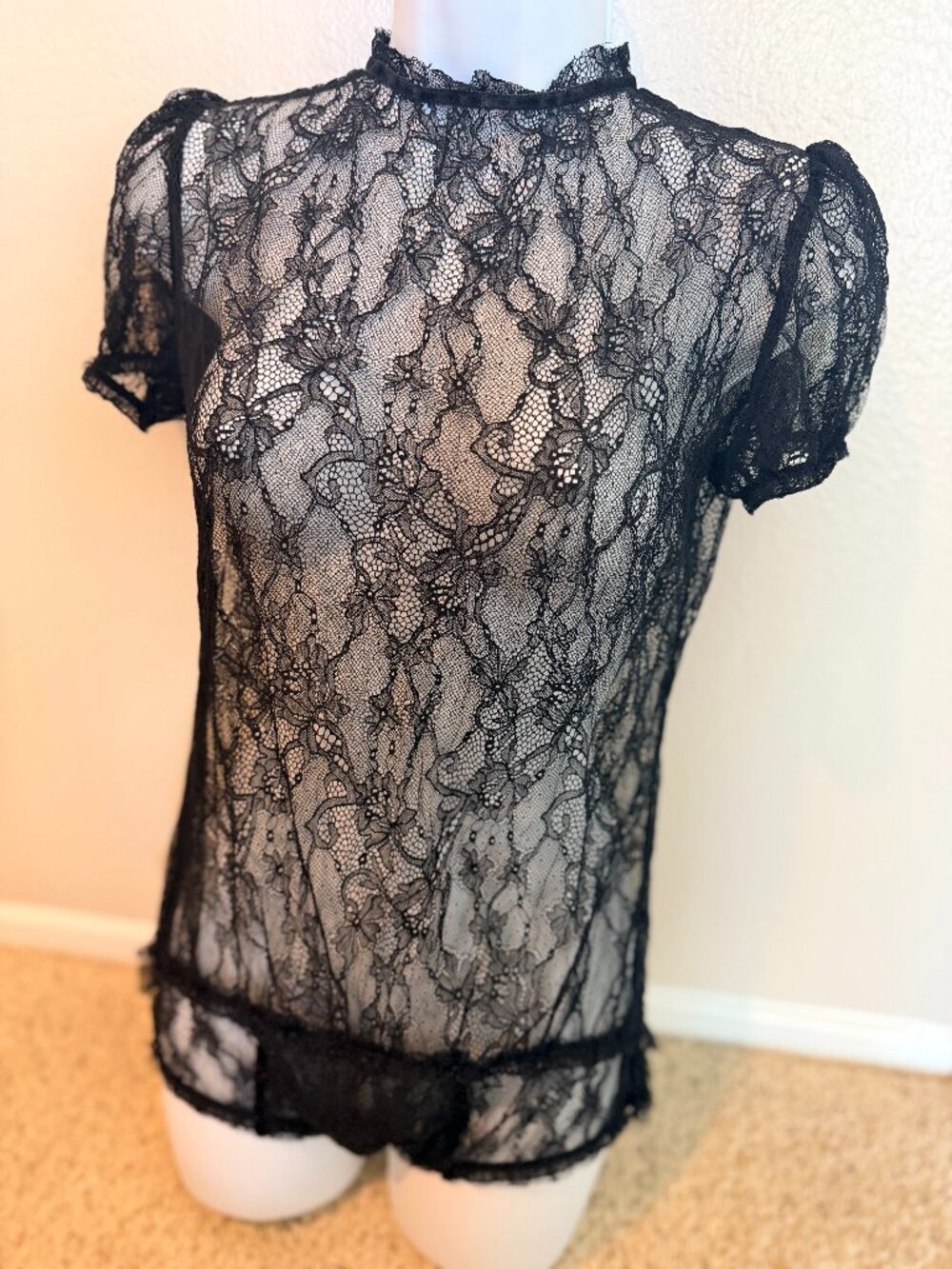 Kriss Soonik Black Sheer Floral Lace Open Back Ruffle Top